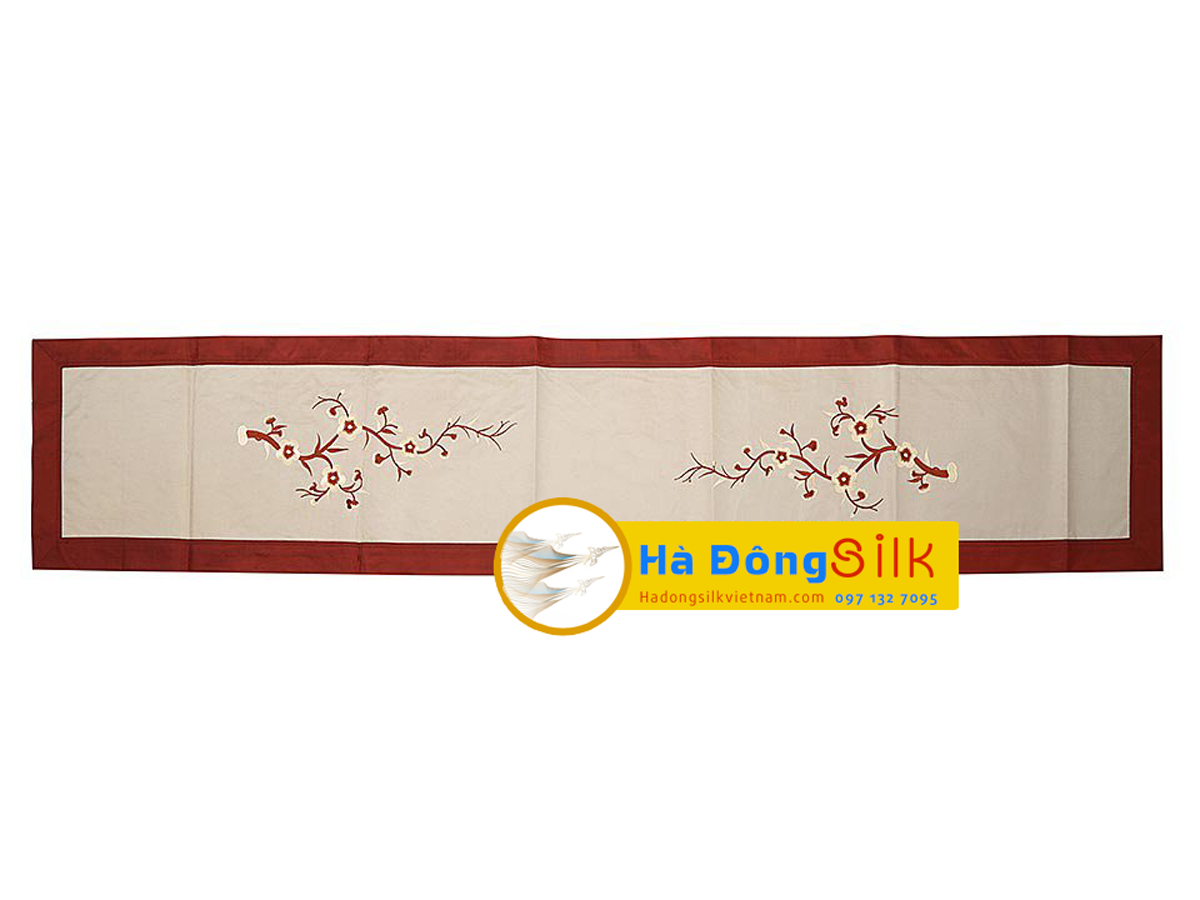 Bộ khăn trải bàn lót bàn ăn thêu hoa đào trắng đỏ MNV-KLTB12 (dài)