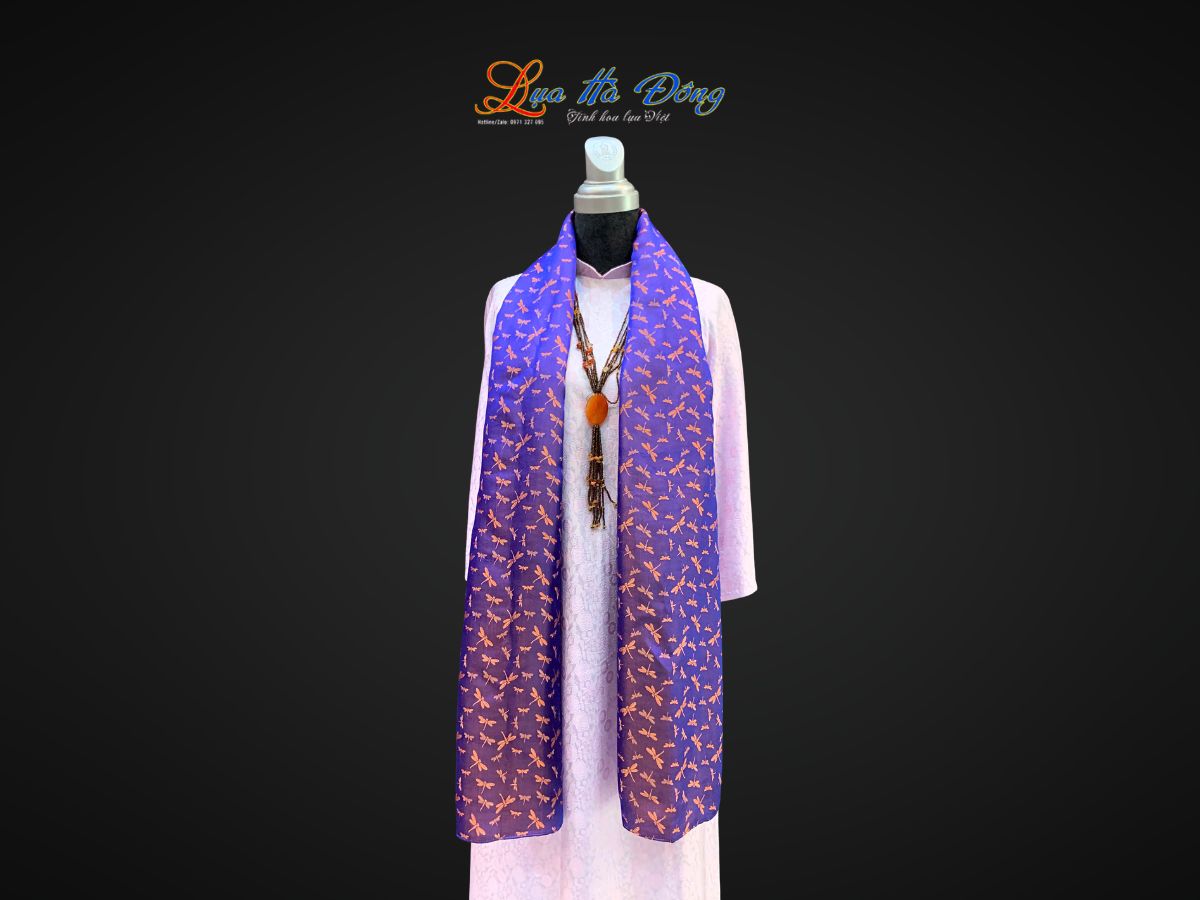 Khăn lụa tơ tằm dài họa tiết chuồn chuồn tím cam MNV-LNL40180/12