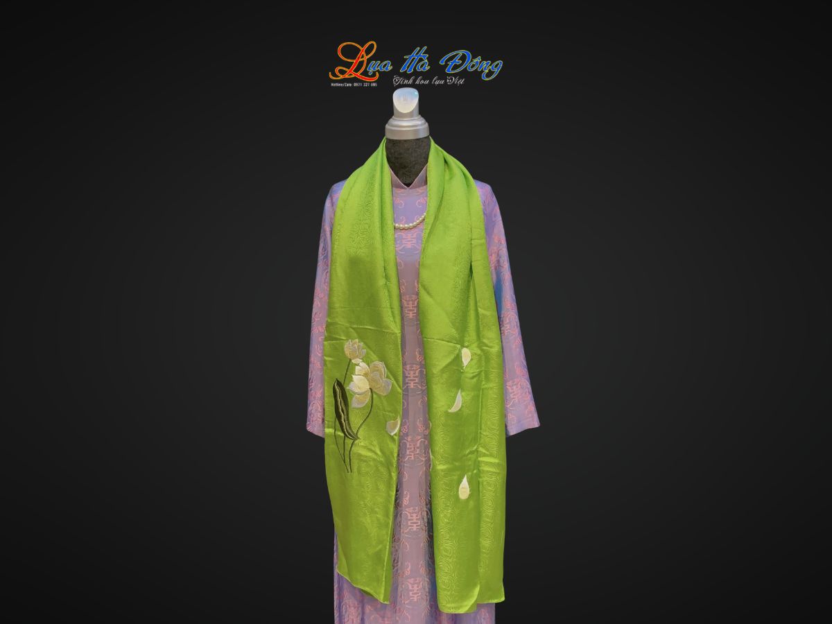 Khăn lụa thêu hoa sen họa tiết hoa xoáy màu xanh non 43x196cm MNV-KLTA43196-1