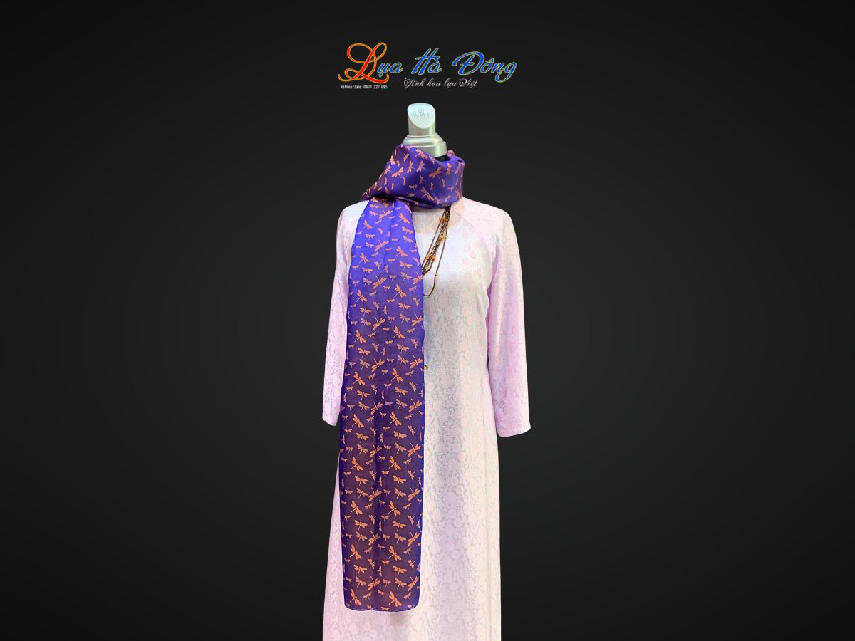 Khăn lụa tơ tằm dài họa tiết chuồn chuồn tím cam MNV-LNL40180/12