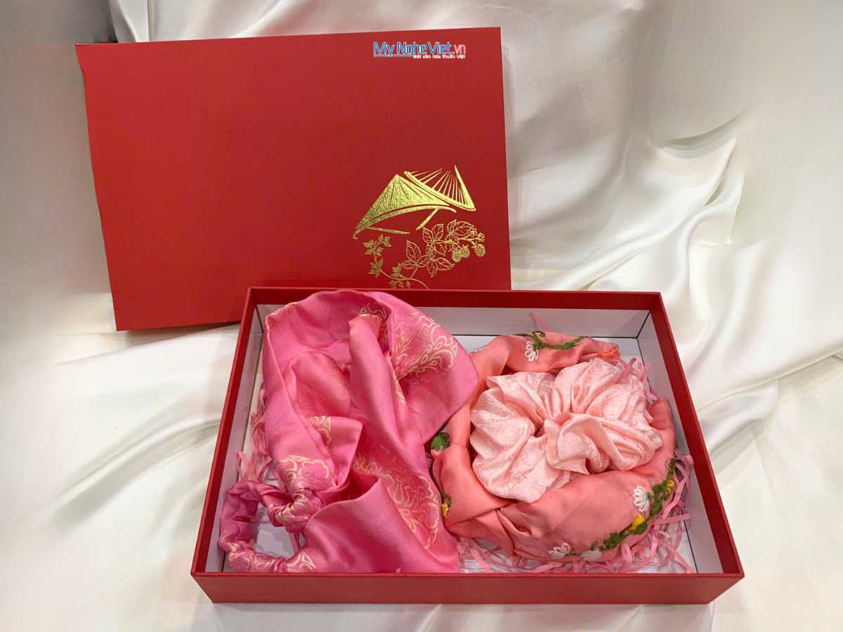 Combo phụ kiện tóc vải lụa Hà Đông màu hồng