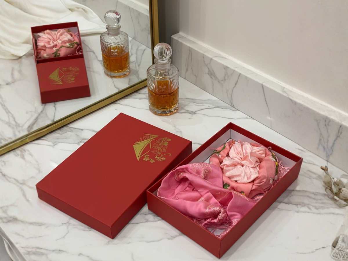 Combo phụ kiện tóc vải lụa Hà Đông màu hồng