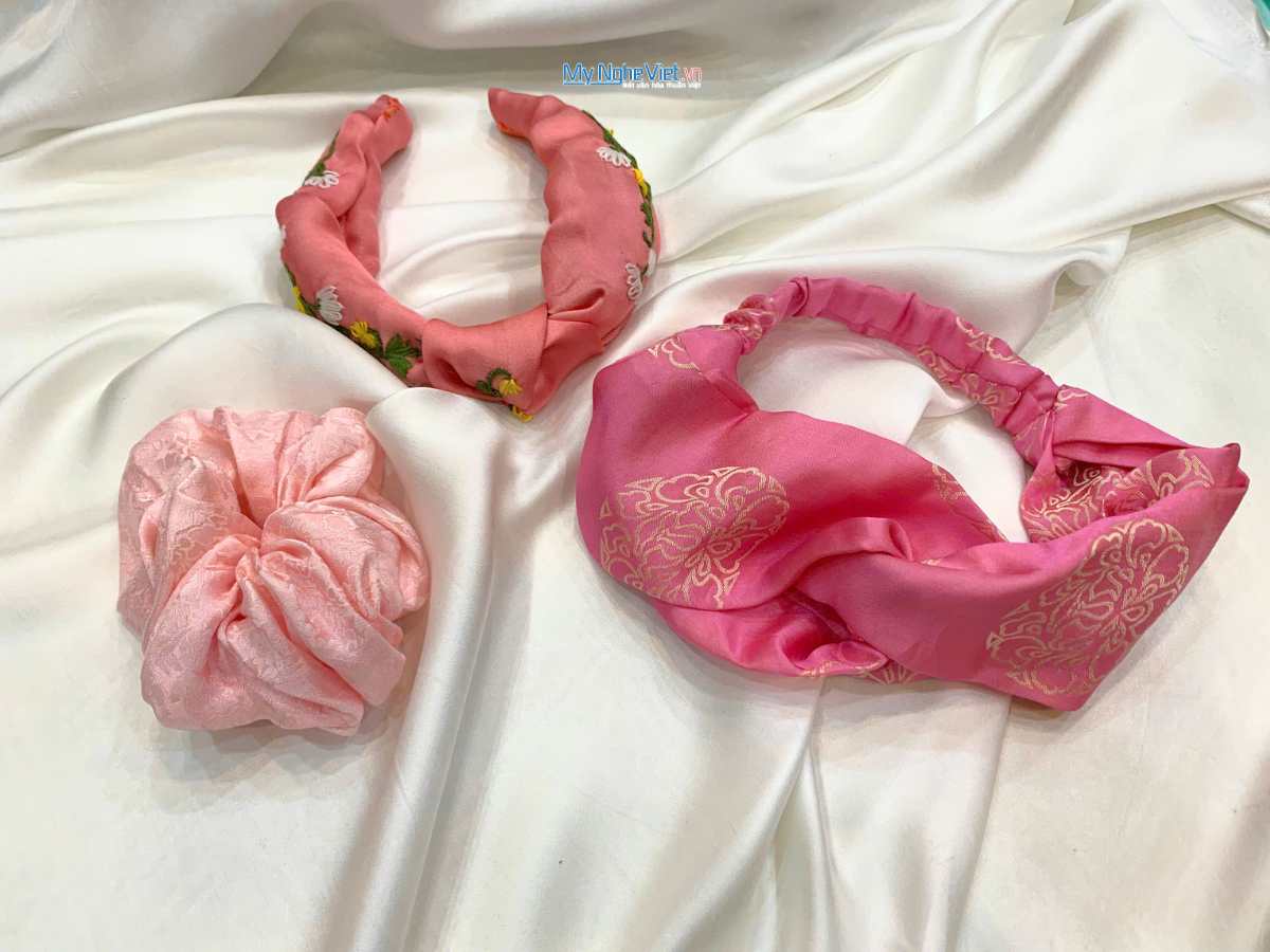Combo phụ kiện tóc vải lụa Hà Đông màu hồng