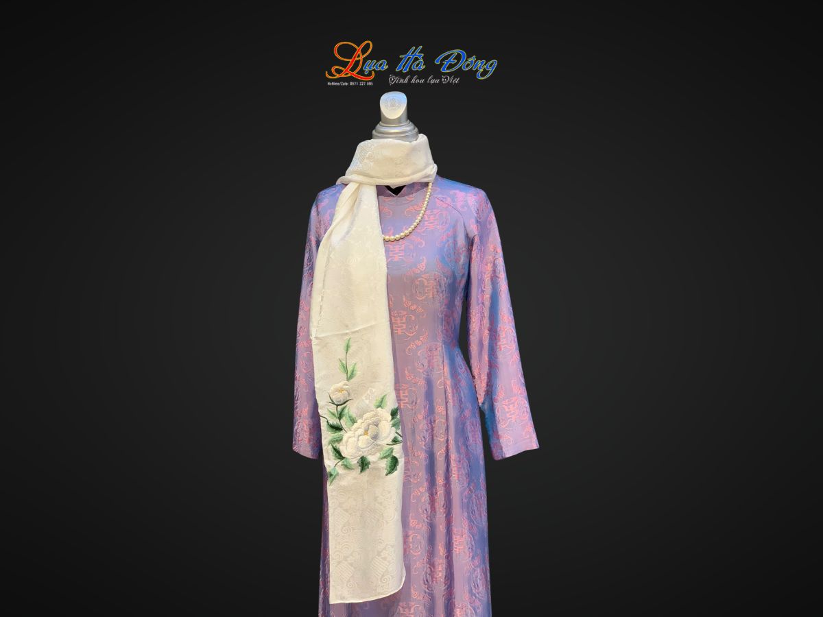Khăn lụa thêu hoa hồng họa tiết song hỷ màu trắng 43x196cm MNV- KLTA43196-2