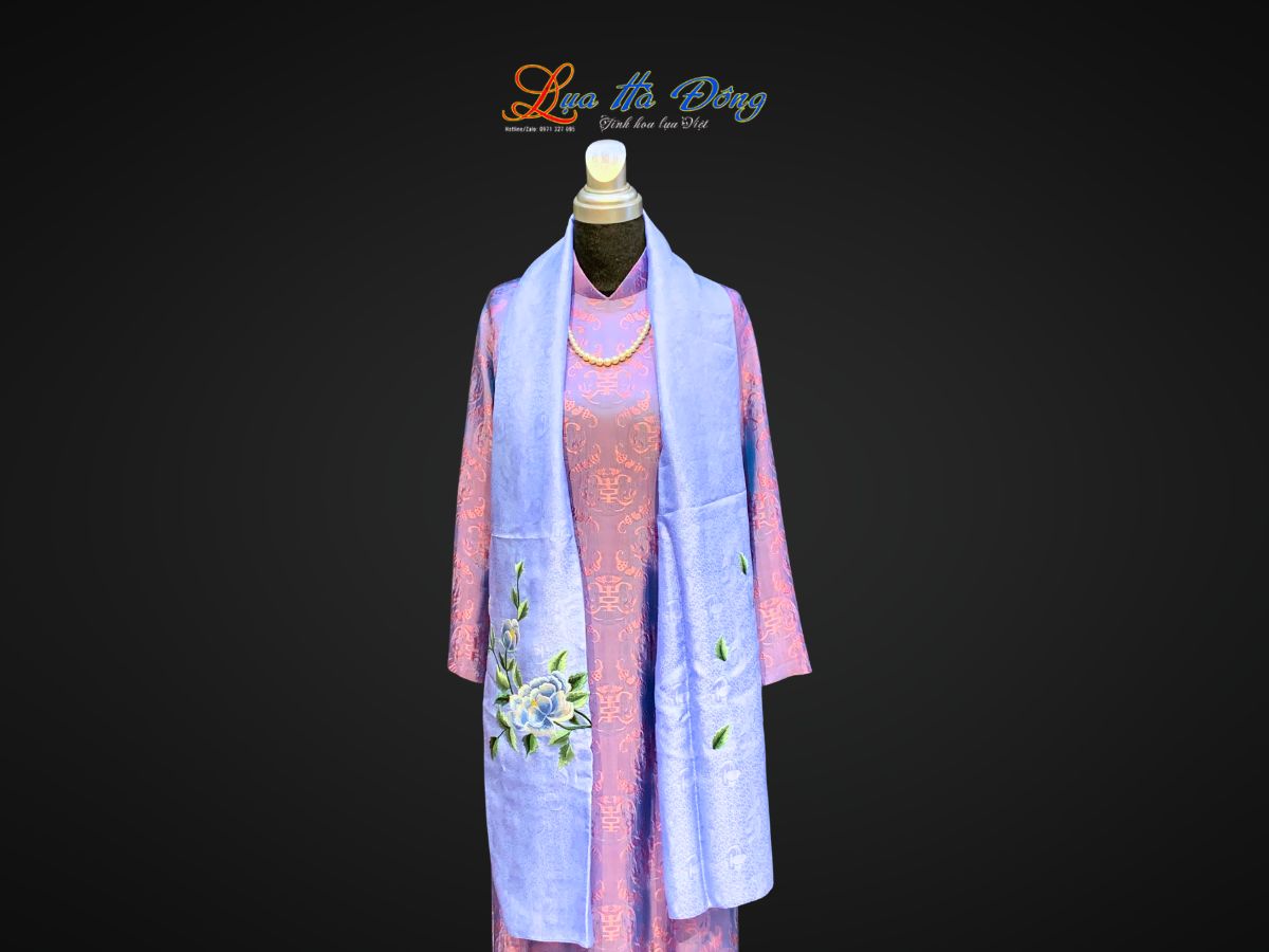 Khăn lụa thêu hoa sen xanh họa tiết sen phượng màu xanh dương nhạt 43x196 MNV- KLTA43196-4