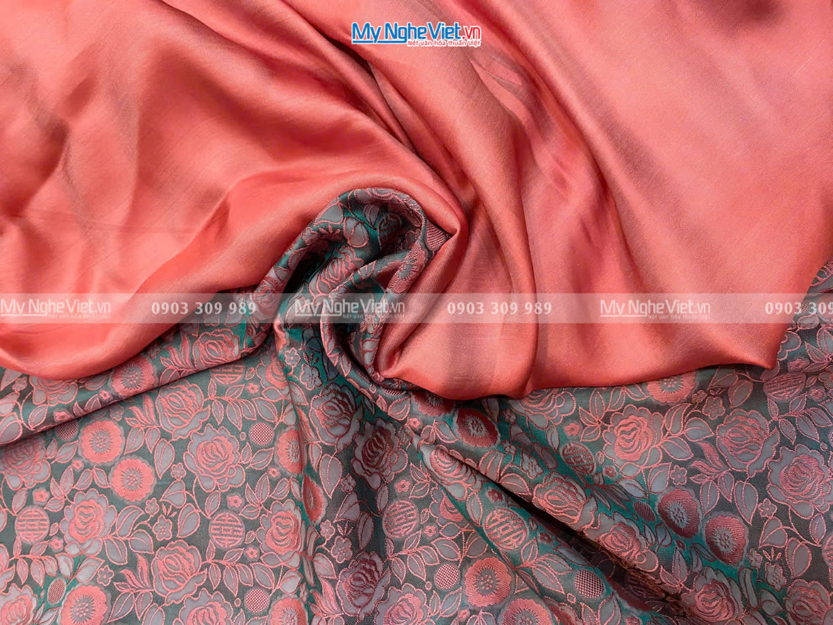 Bộ Áo Dài Lụa Hà Đông 2 Da Xanh Hồng Họa Tiết Hồng Thọ 70% tơ tằm MNV-KGHT2-07