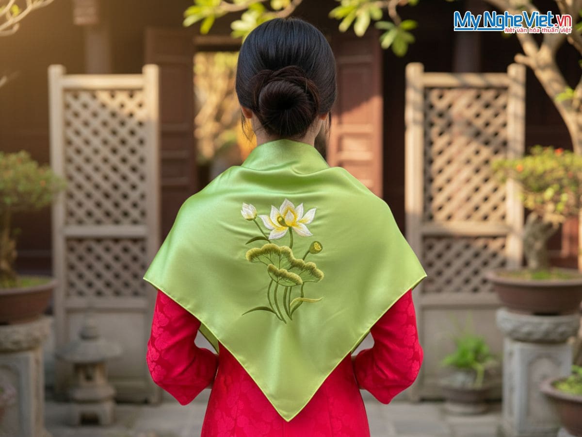 Khăn Lụa Tơ Tằm Thêu Hoa Sen Trơn Màu Xanh Cốm 90x90cm KLTA9090/4