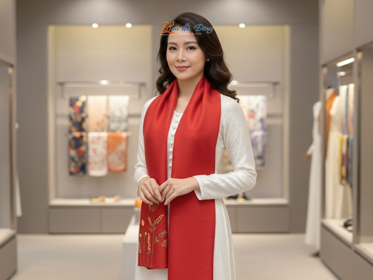 Khăn lụa đũi thêu tay đỏ Lụa Hà Đông 45x180 