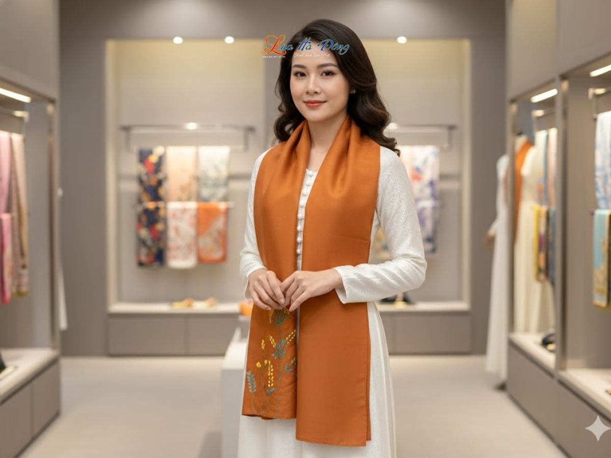 Khăn lụa đũi thêu tay nâu Lụa Hà Đông 45x180 