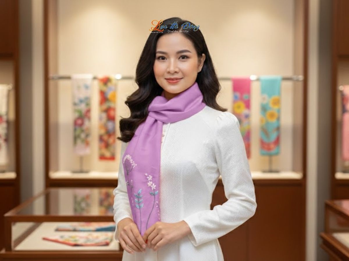 Khăn lụa đũi thêu tay tím Lụa Hà Đông 45x180 LNLT45180/1