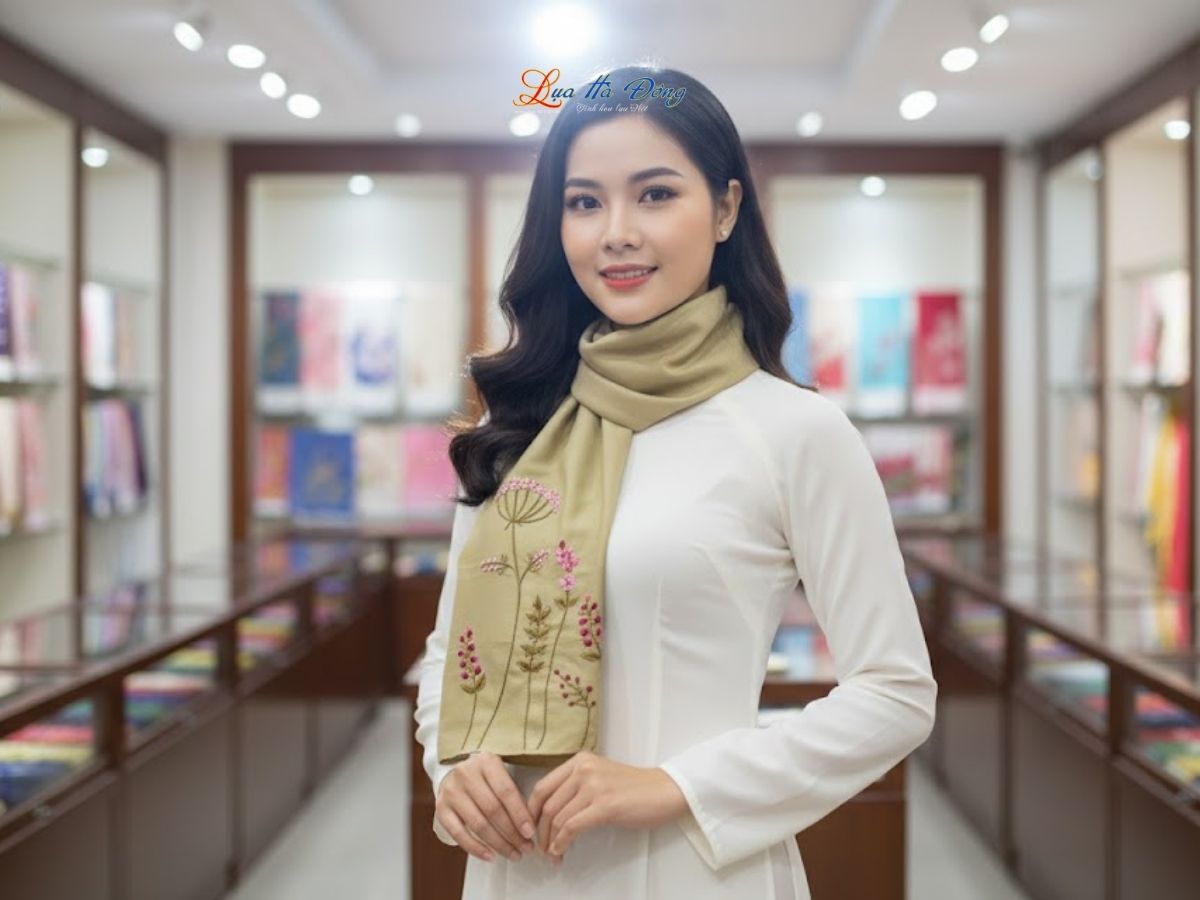 Khăn lụa đũi thêu tay xanh cỏ cháy Lụa Hà Đông 45x180 LNLT45180/6