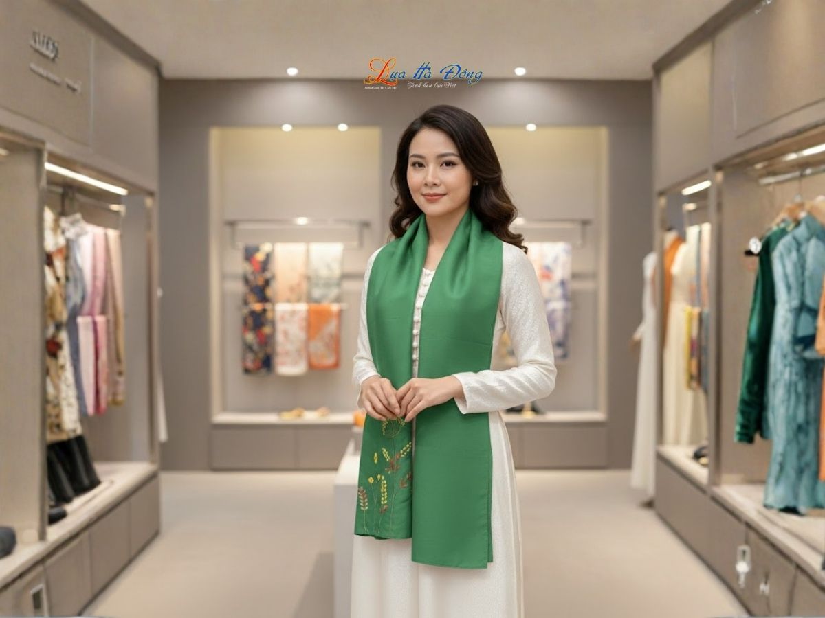 Khăn lụa đũi thêu tay xanh rêu Lụa Hà Đông 45x180 LNLT45180/5