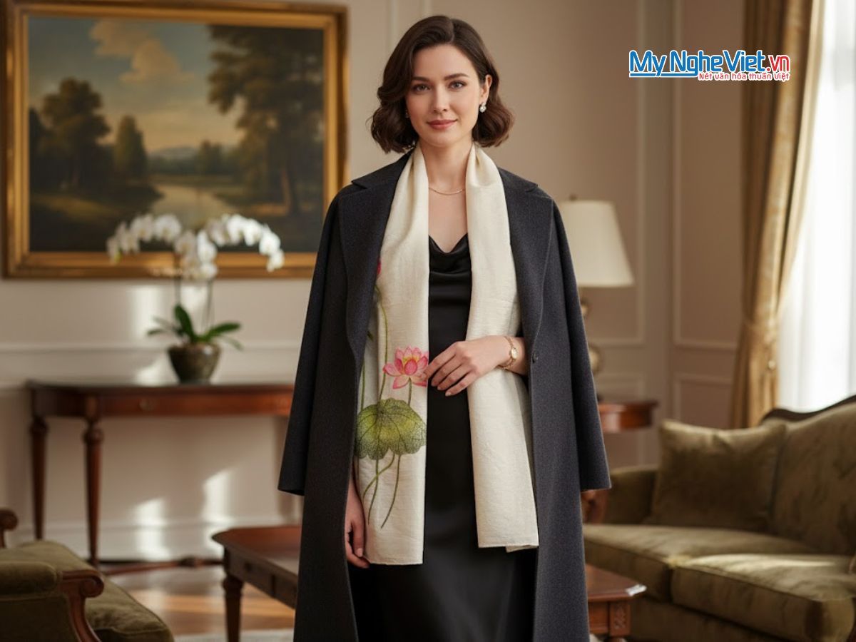 Khăn lụa đũi họa tiết hoa sen thêu tay 100% silk KLNC40200/2