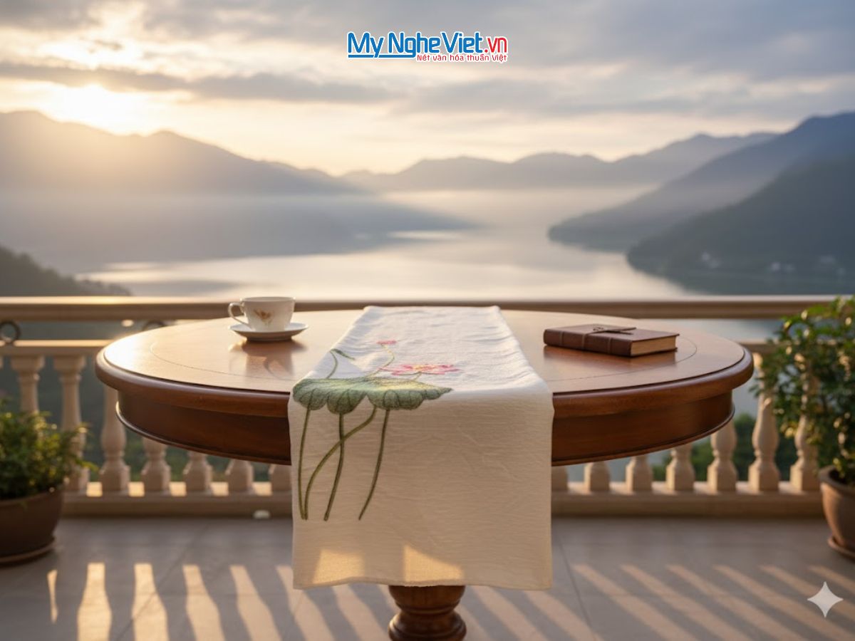 Khăn lụa đũi họa tiết hoa sen thêu tay 100% silk KLNC40200/2