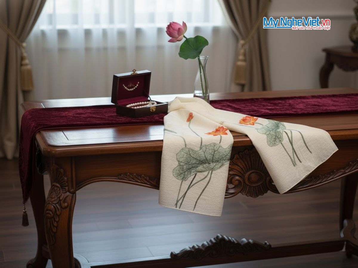 Khăn lụa đũi họa tiết hoa sen thêu tay 100% silk KLNC40200/1