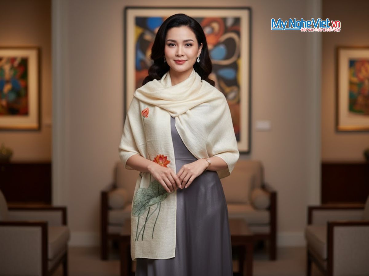 Khăn lụa đũi họa tiết hoa sen thêu tay 100% silk KLNC40200/1