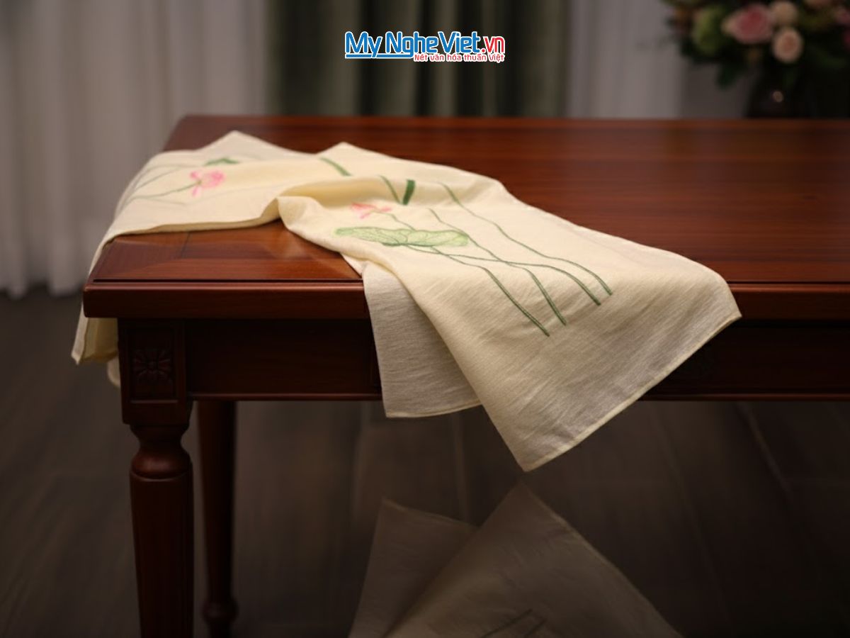 Khăn lụa đũi họa tiết hoa sen thêu tay 100% silk KLNC40200/4