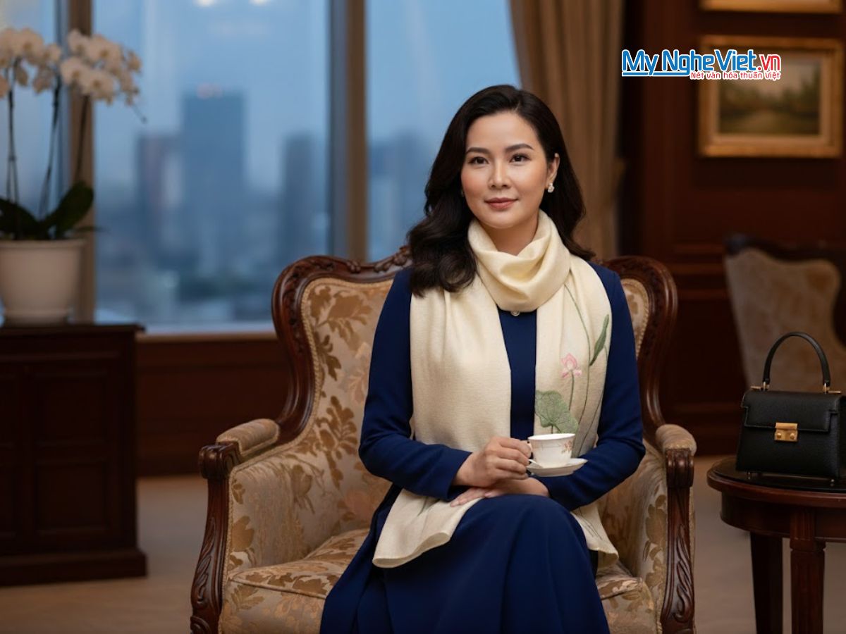 Khăn lụa đũi họa tiết hoa sen thêu tay 100% silk KLNC40200/4