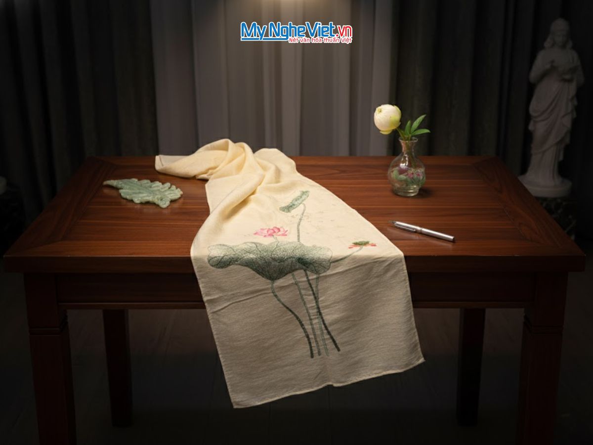 Khăn lụa đũi họa tiết hoa sen thêu tay 100% silk KLNC40200/3