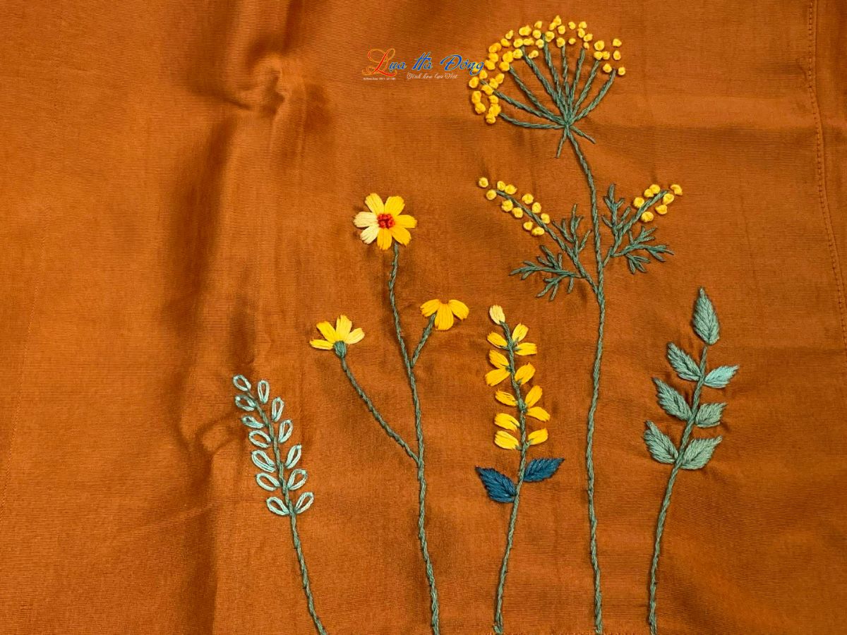 Khăn lụa đũi thêu tay nâu Lụa Hà Đông 45x180 