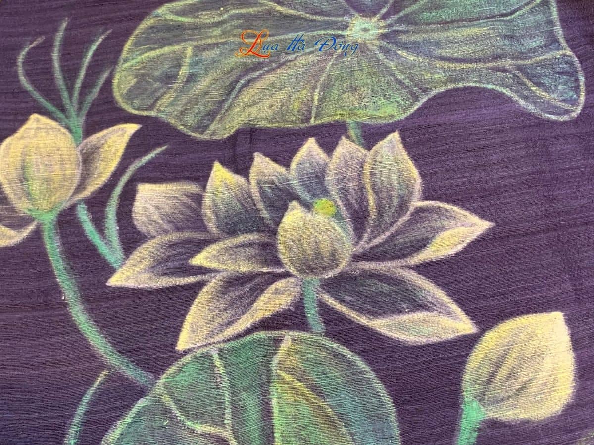 Khăn lụa Đũi xanh than vẽ sen 100% silk 80x180 tua rua KLTA80180/5