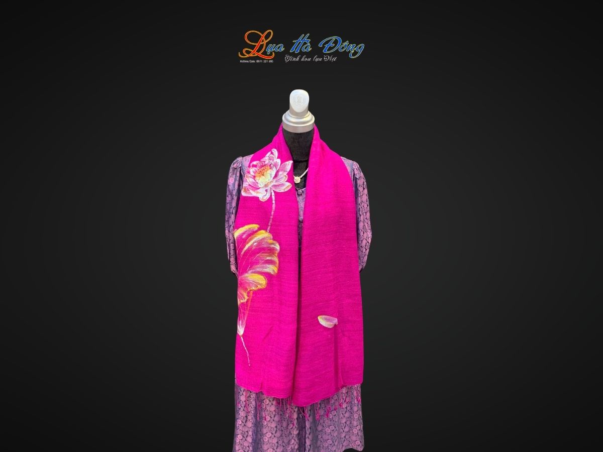 Khăn lụa Đũi tím hồng vẽ sen 100% silk 80x180 tua rua KLTA80180/6