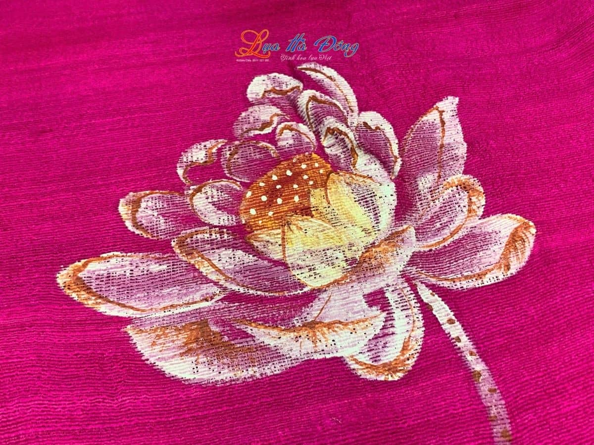 Khăn lụa Đũi tím hồng vẽ sen 100% silk 80x180 tua rua KLTA80180/6