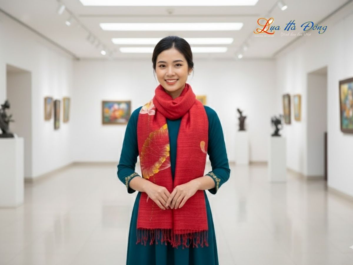 Khăn lụa Đũi đỏ mận vẽ sen 100% silk 80x180 tua rua KLTA80180/8