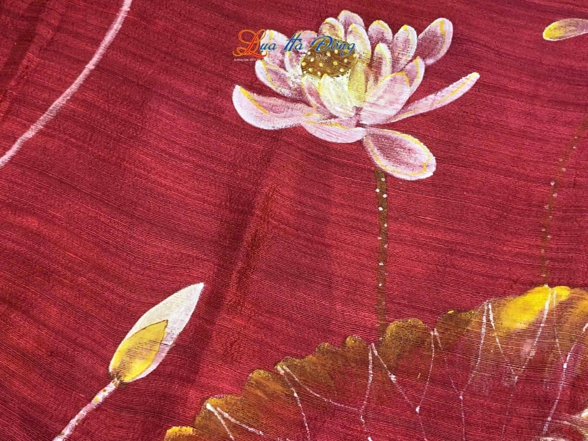 Khăn lụa Đũi đỏ mận vẽ sen 100% silk 80x180 tua rua KLTA80180/8
