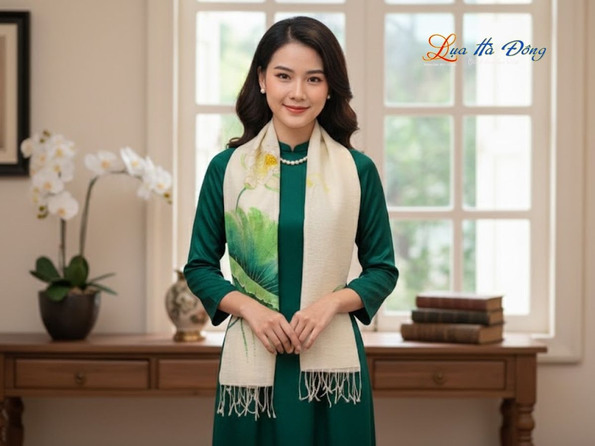 Khăn lụa Đũi trắng vẽ sen 100% silk 80x180 tua rua KLTA80180/10