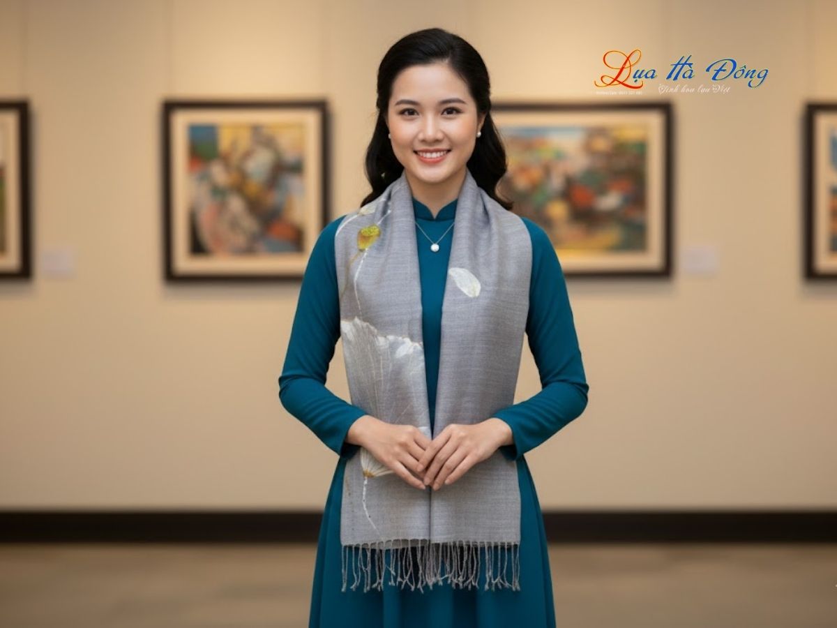 Khăn lụa Đũi xám vẽ sen 100% silk 80x180 tua rua KLTA80180/9