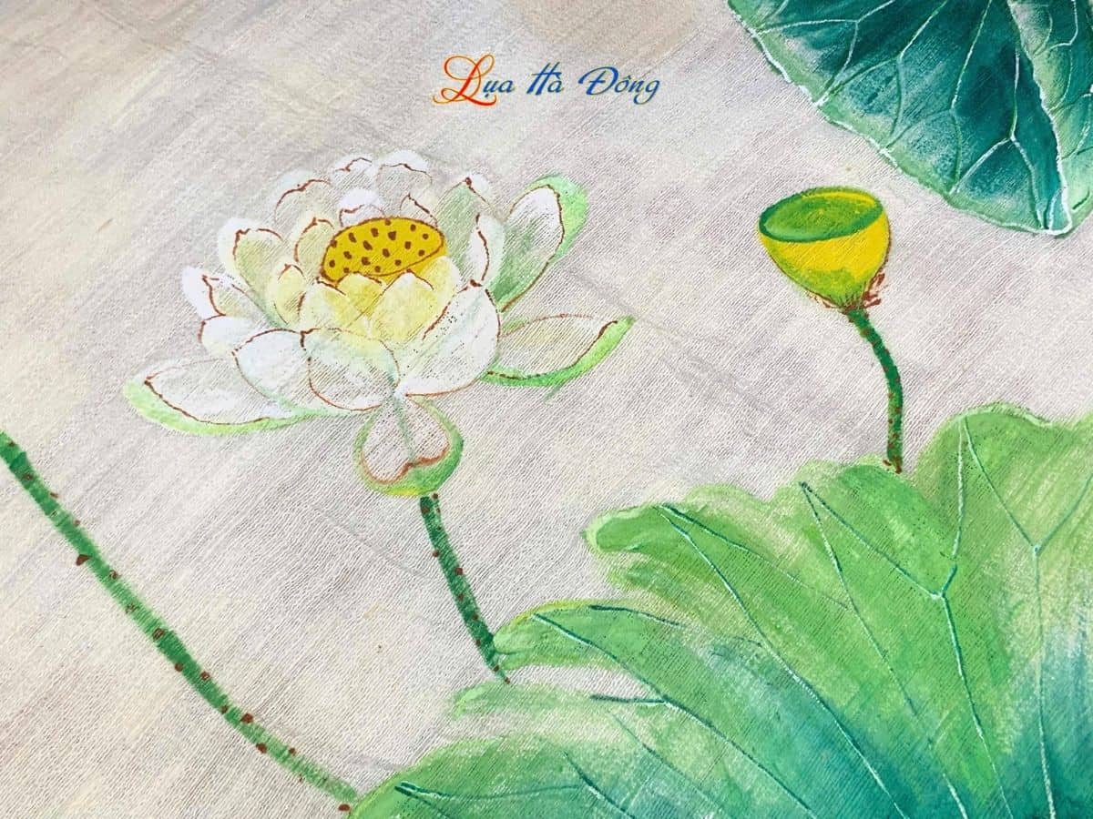 Khăn lụa Đũi trắng vẽ sen 100% silk 80x180 tua rua KLTA80180/10