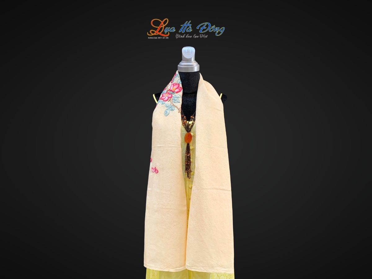 Khăn lụa vân cổ thêu tay lá cây kem MNV-LNL80170/3