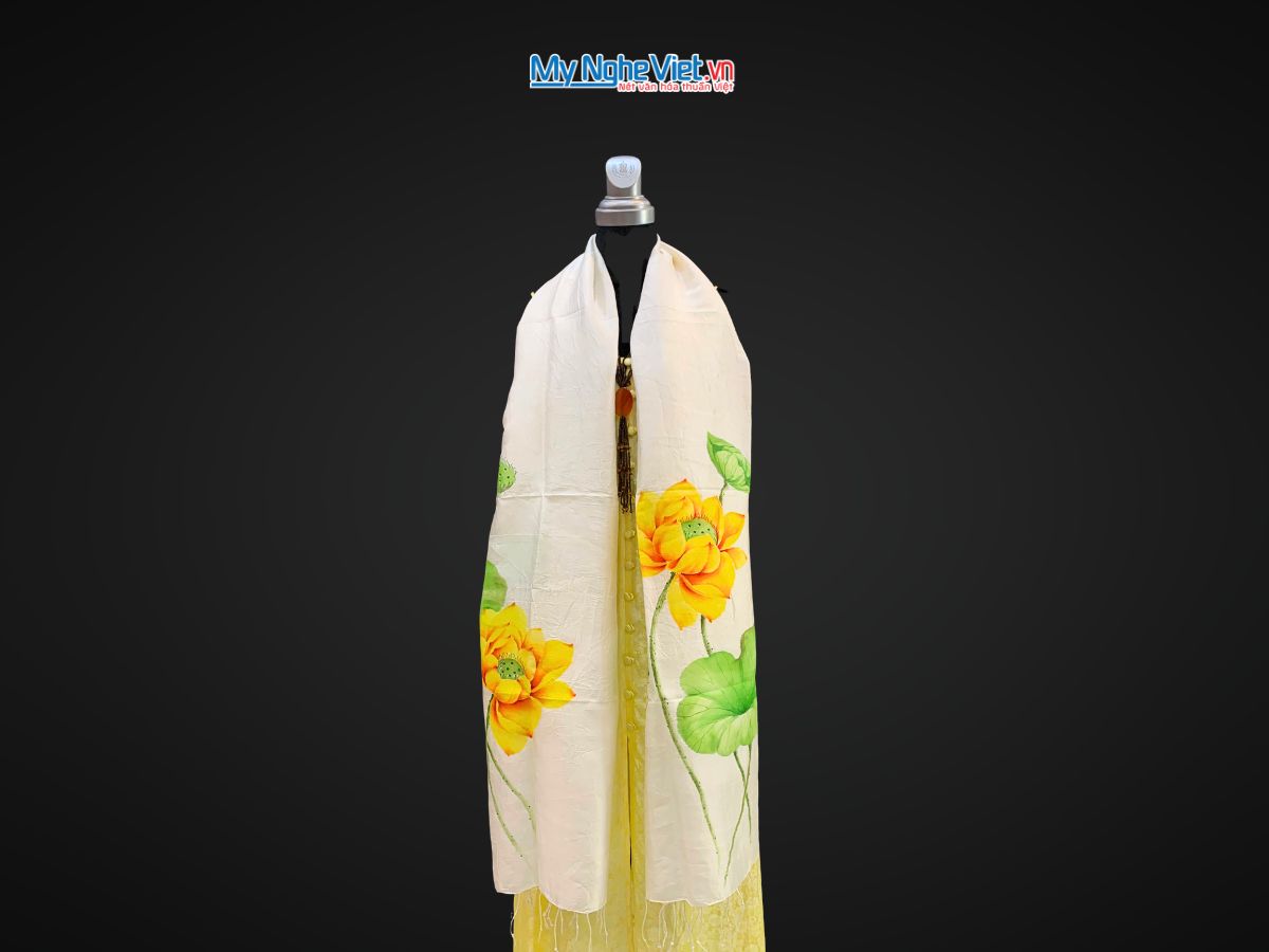 Khăn lụa tơ tằm vẽ tay hoa sen tua rua 100% silk KLNC79212/6
