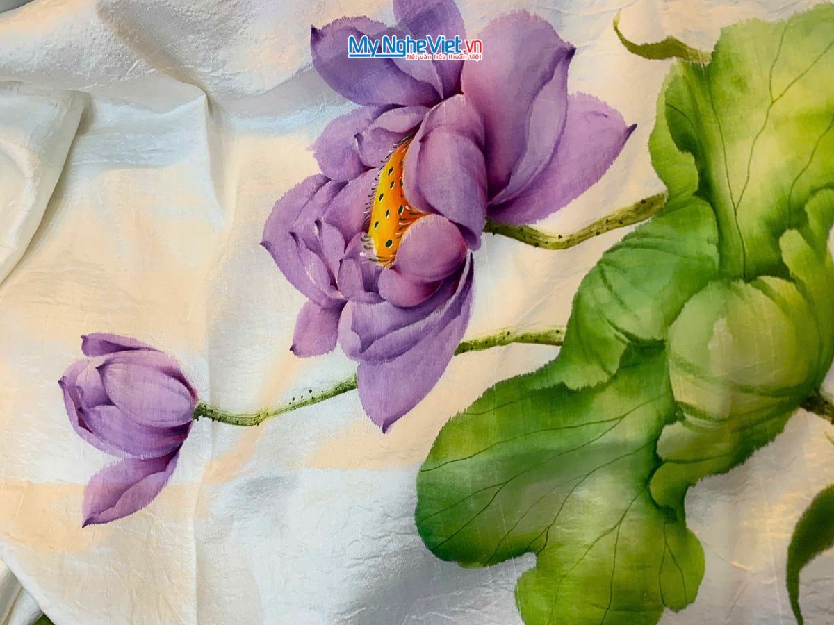Khăn lụa tơ tằm vẽ tay hoa sen tua rua 100% silk KLNC79212/7