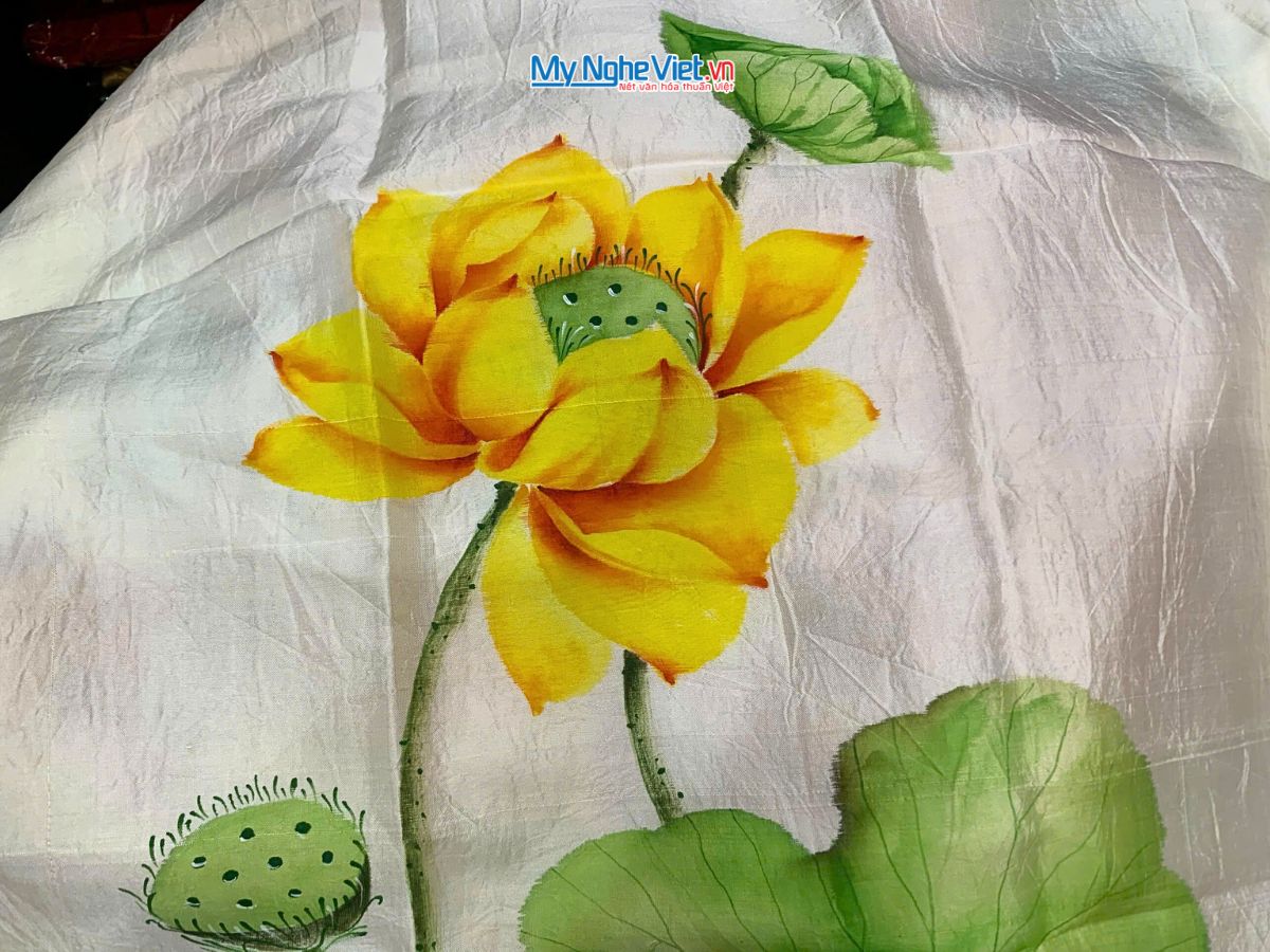 Khăn lụa tơ tằm vẽ tay hoa sen tua rua 100% silk KLNC79212/6