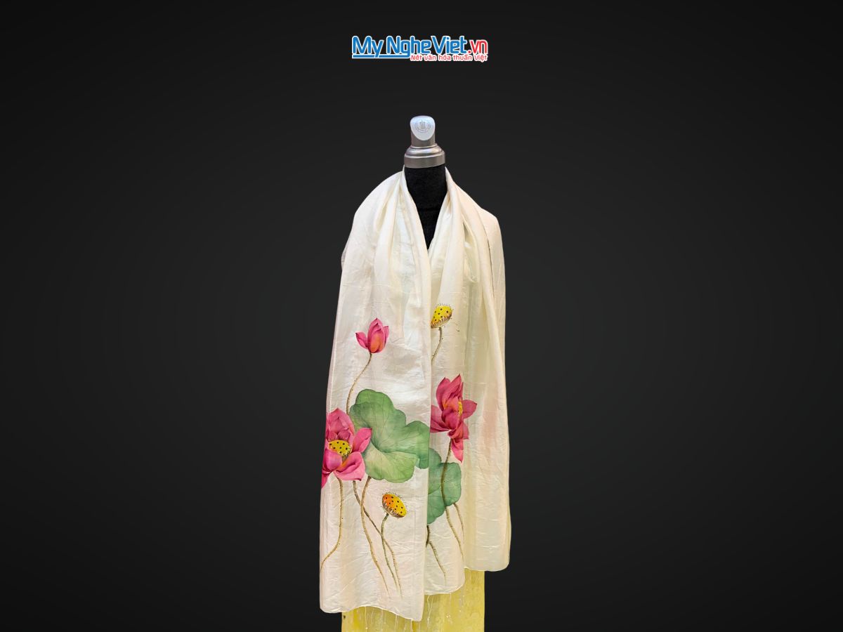 Khăn lụa tơ tằm vẽ tay hoa sen tua rua 100% silk KLNC79212/5