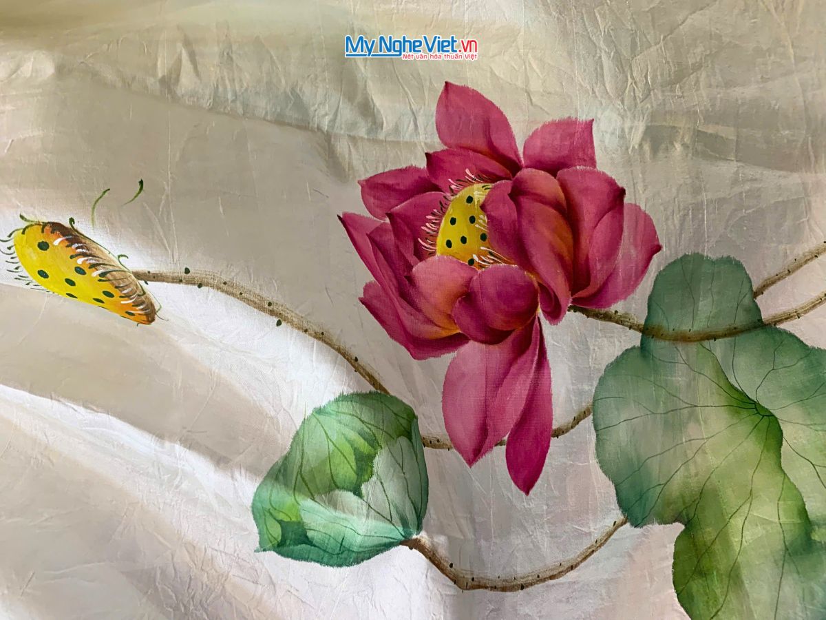 Khăn lụa tơ tằm vẽ tay hoa sen tua rua 100% silk KLNC79212/5