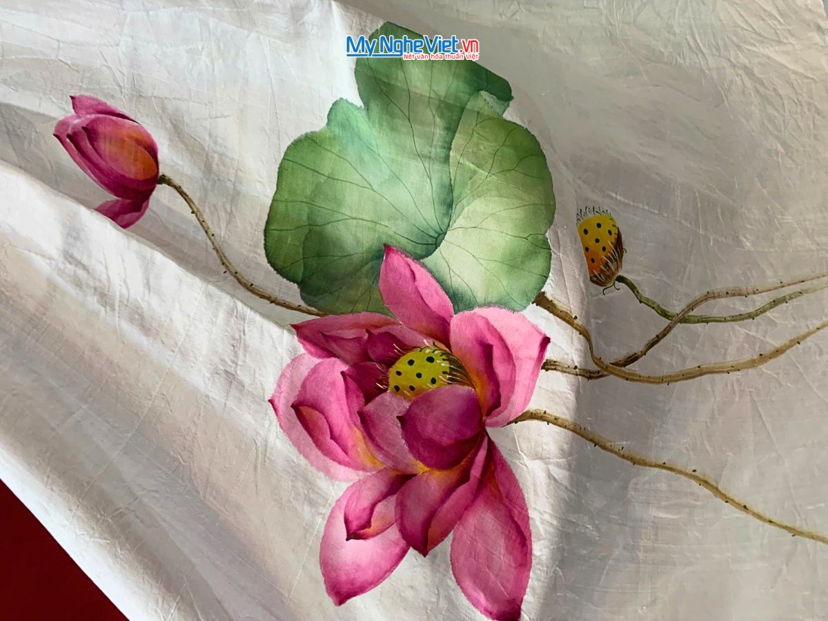Khăn lụa tơ tằm vẽ tay hoa sen tua rua 100% silk KLNC79212/5