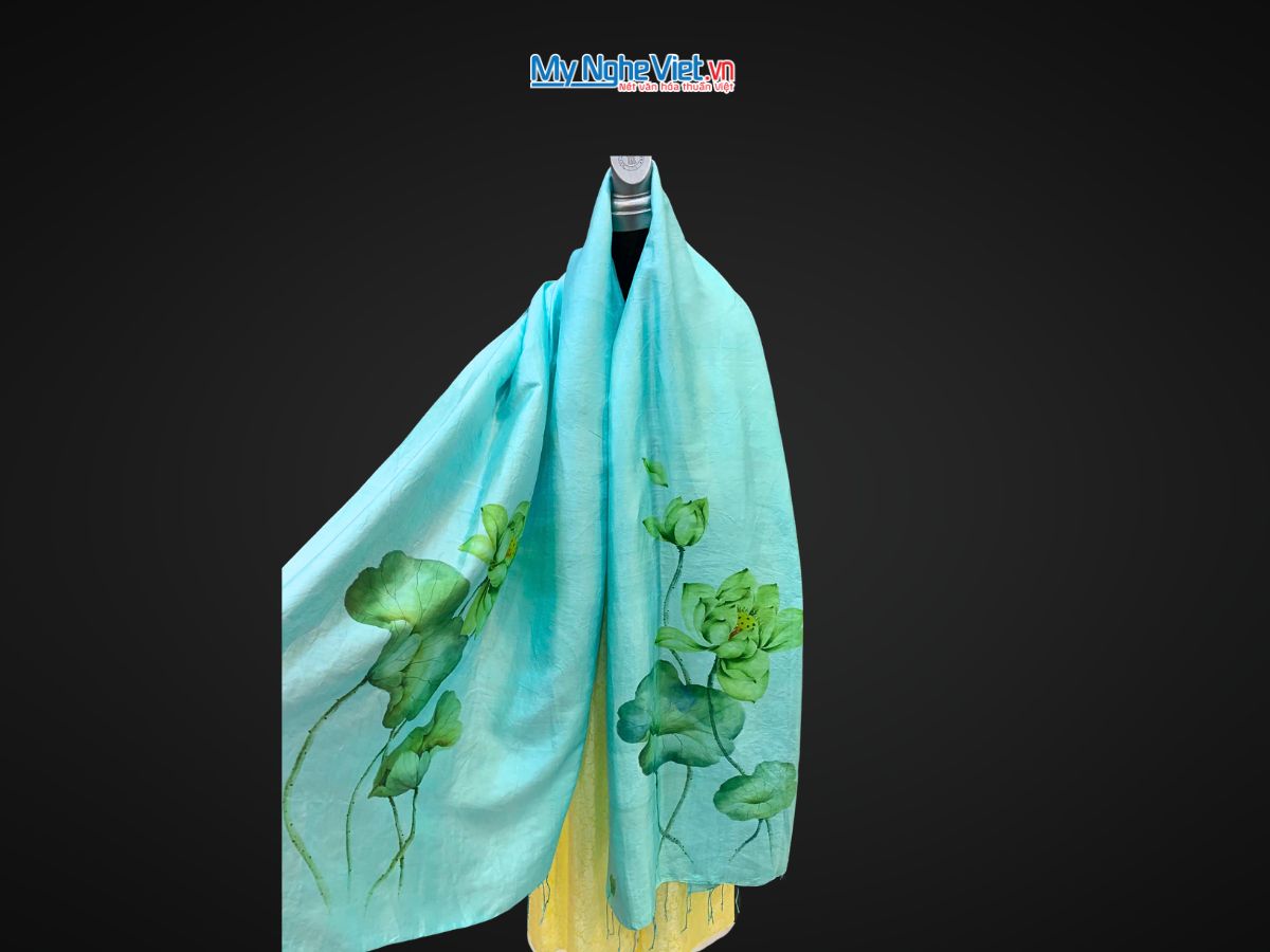 Khăn lụa tơ tằm vẽ tay hoa sen tua rua 100% silk KLNC79212/4