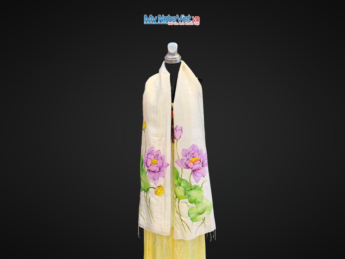 Khăn lụa tơ tằm vẽ tay hoa sen tua rua 100% silk KLNC79212/7
