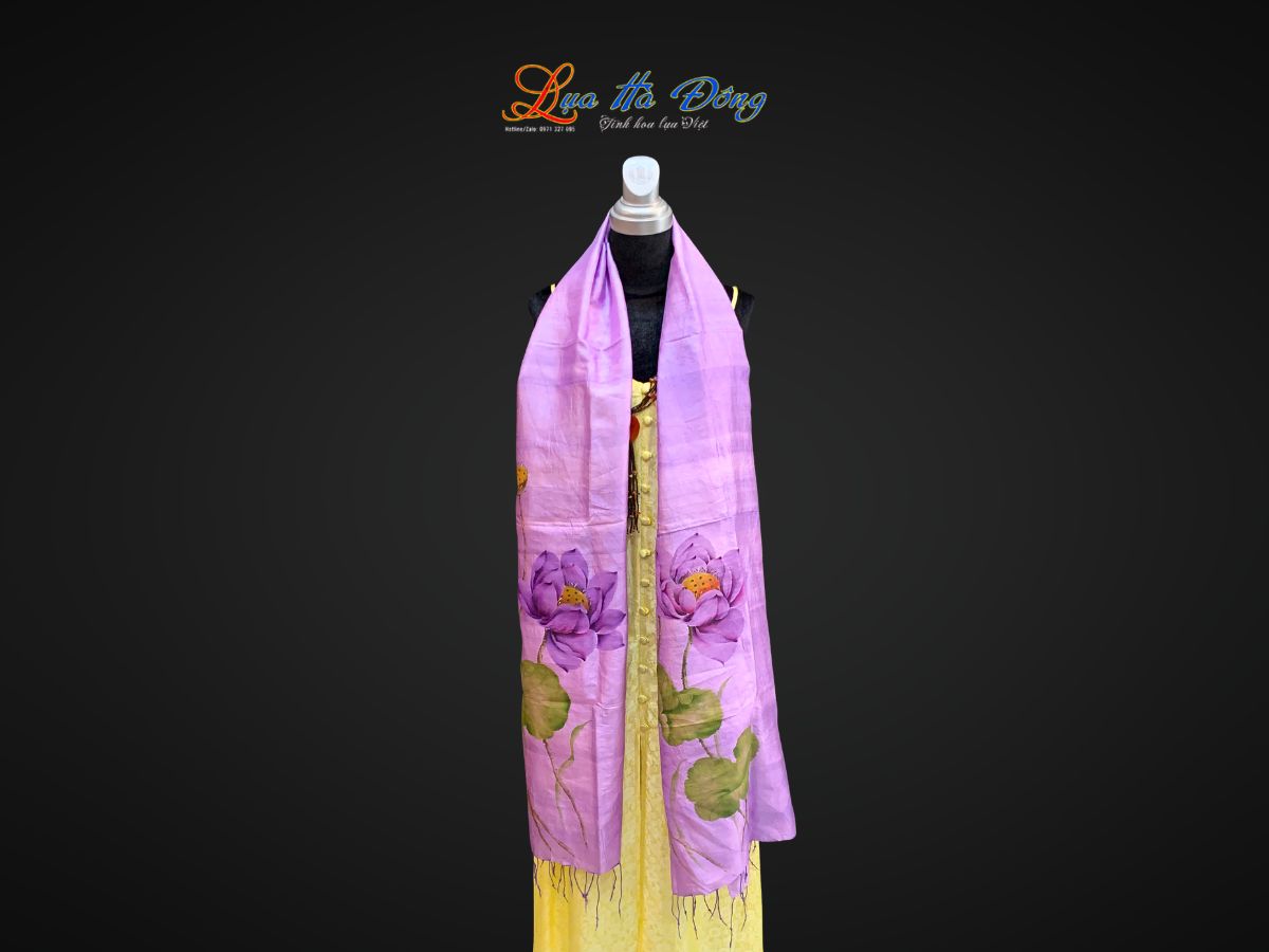 Khăn lụa tơ tằm vẽ tay hoa sen tua rua 100% silk KLNC79212/3