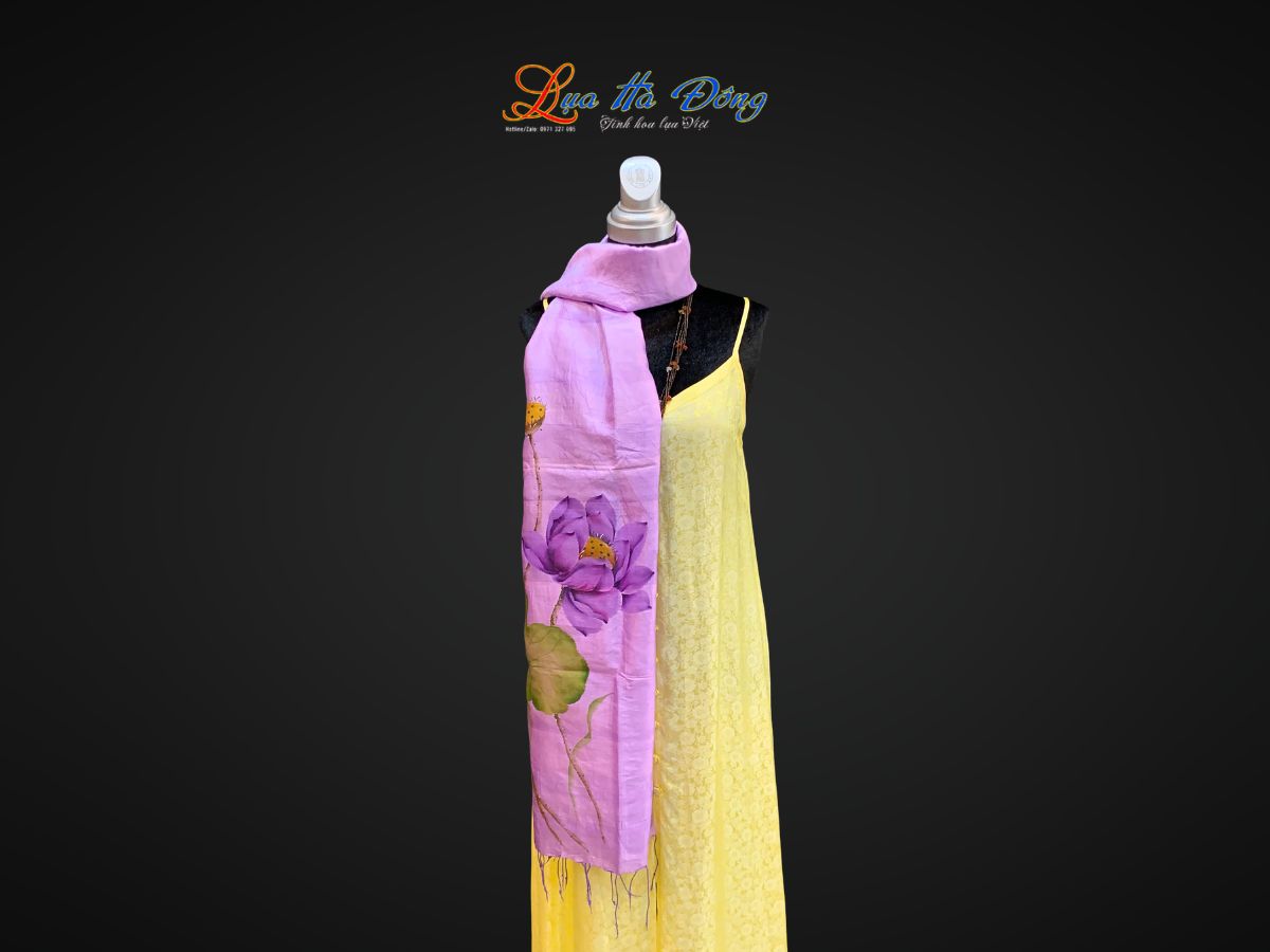 Khăn lụa tơ tằm vẽ tay hoa sen tua rua 100% silk KLNC79212/3