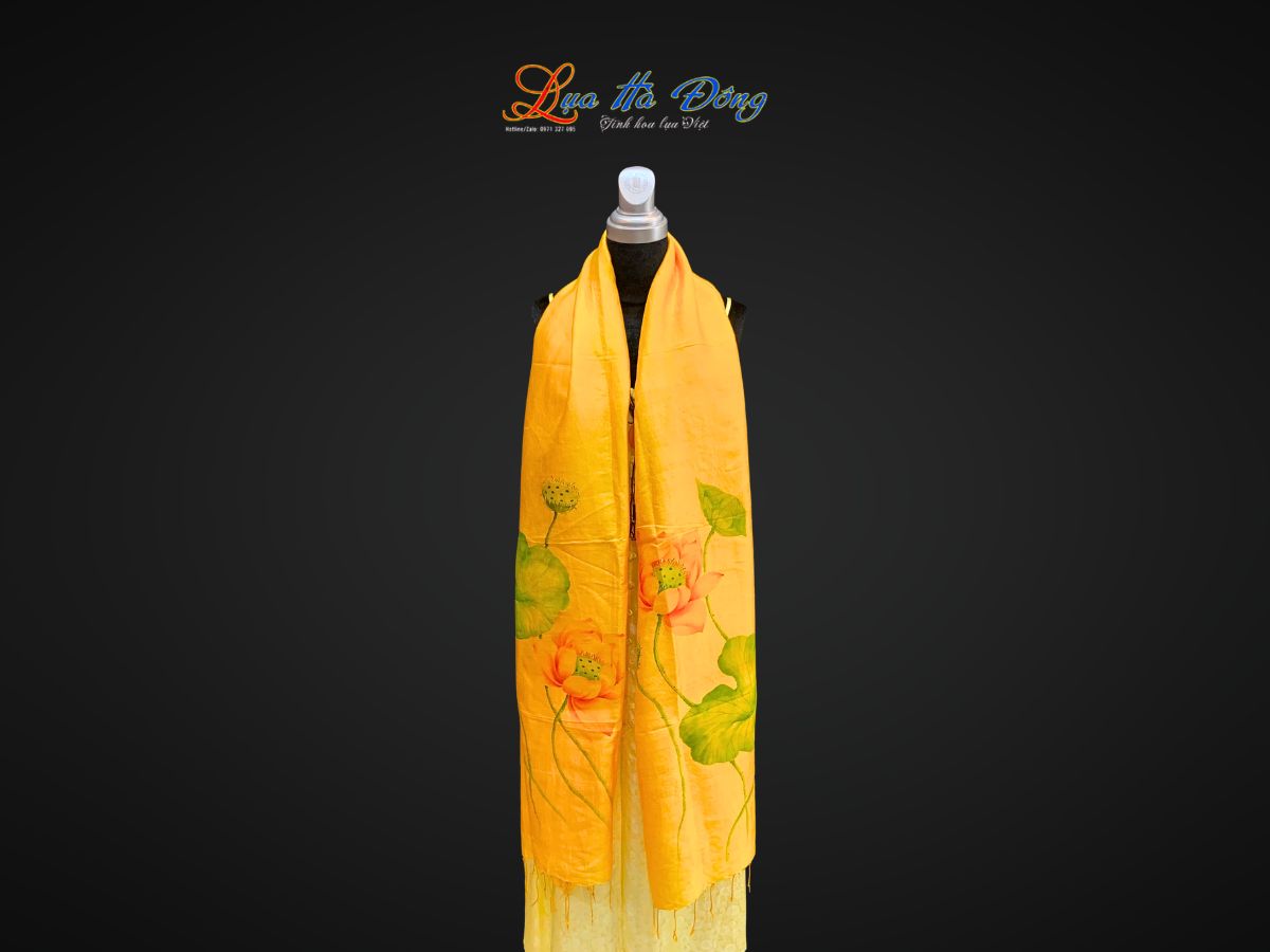 Khăn lụa tơ tằm vẽ tay hoa sen tua rua 100% silk KLNC79212/1