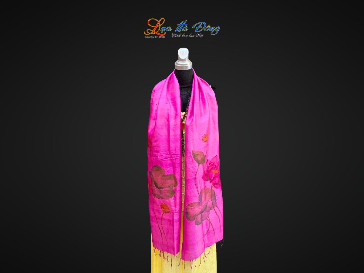 Khăn lụa tơ tằm vẽ tay hoa sen tua rua 100% silk KLNC79212/2