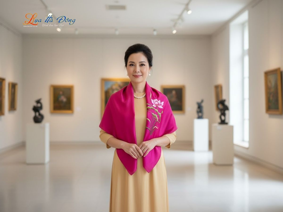 Khăn lụa vuông thêu sen trơn màu hồng tím KLTA9090/5