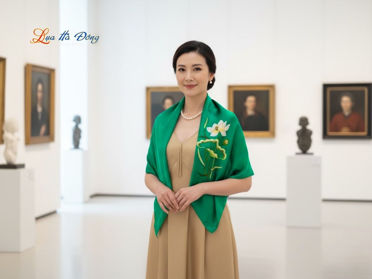 Khăn lụa vuông thêu sen trơn màu xanh lá KLTA9090/3