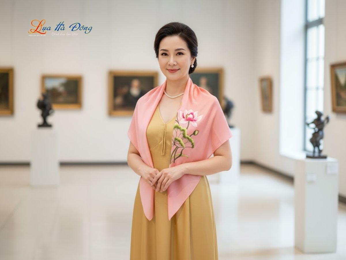 Khăn lụa vuông thêu sen trơn màu hồng phấn KLTA9090/10