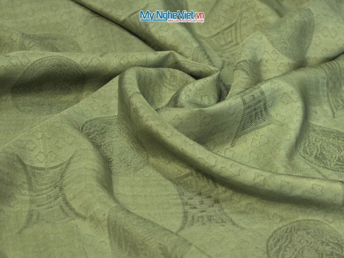 Khăn lụa vân cổ triện thọ màu xanh rêu - Lụa Hà Đông 80x180cm KLNL89-2