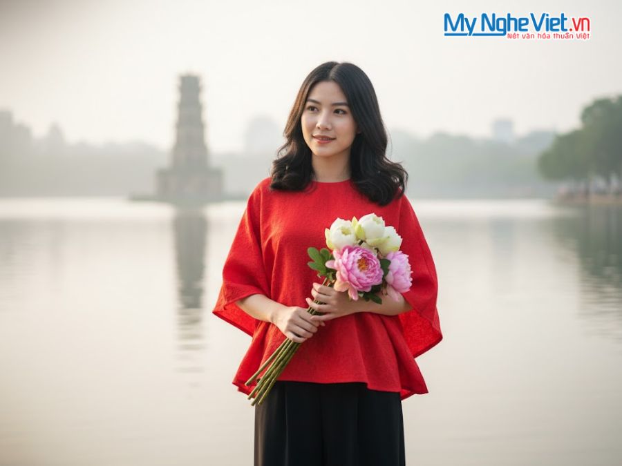 Áo lụa may sẵn cánh dơi họa tiết cúc đỏ MNV-LTA37.3